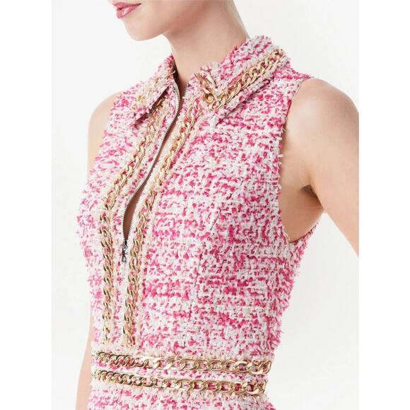 Alice and Olivia Ellis Chain-trim Tweed Dress mini white pink gold size 10 - Picture 3 of 10